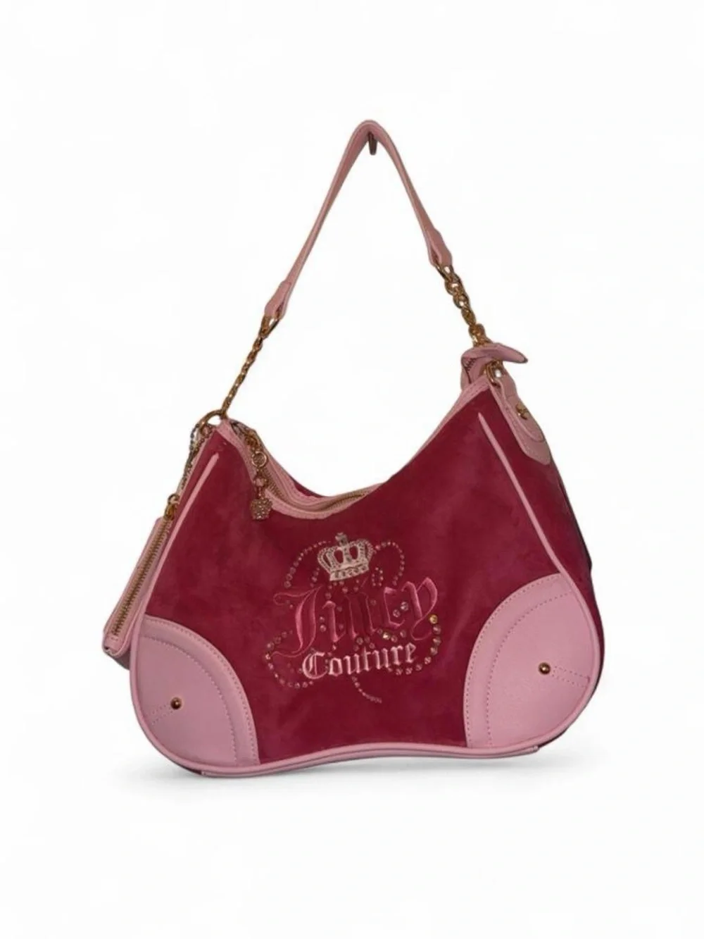 Juicy Couture Burgundy Suede Shoulder Bag with Pink Trim